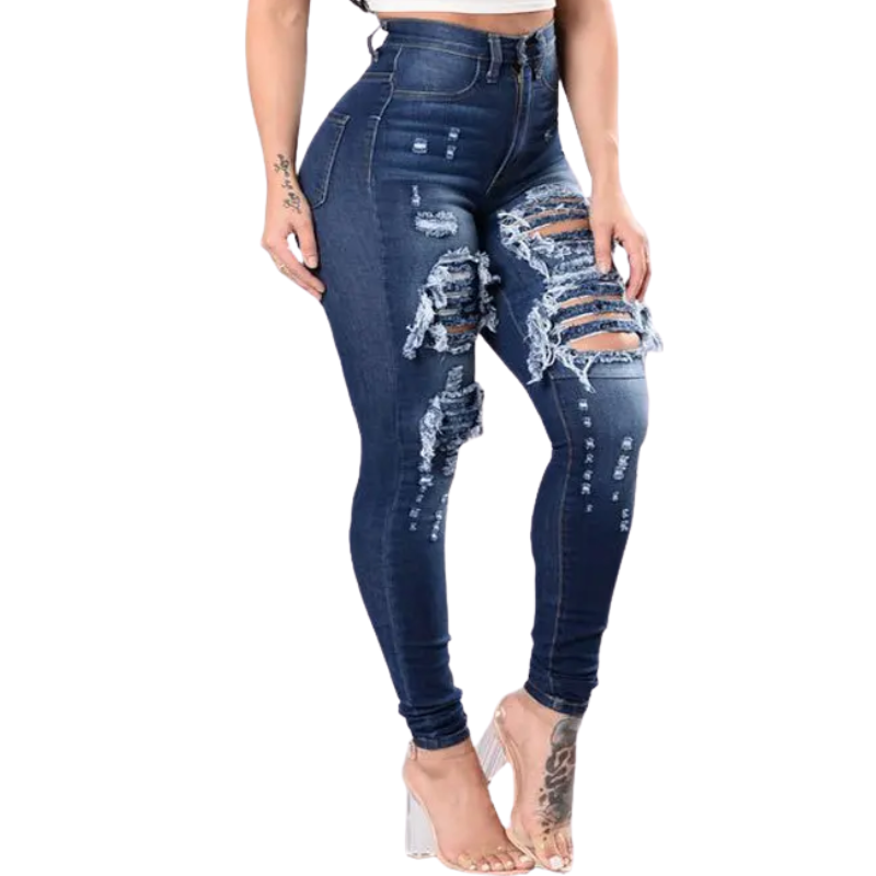 Dark Blue Denim Ripped High-Waist Skinny Jeans for Women