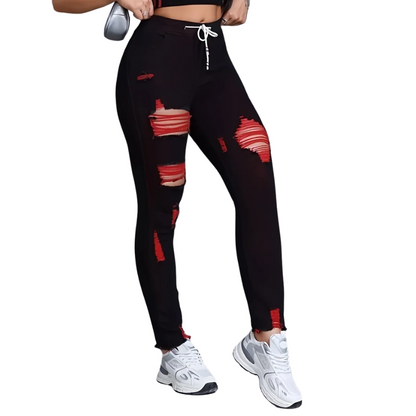 Elegant Red Skinny Jeans for Women – Stretch, Drawstring, Distressed