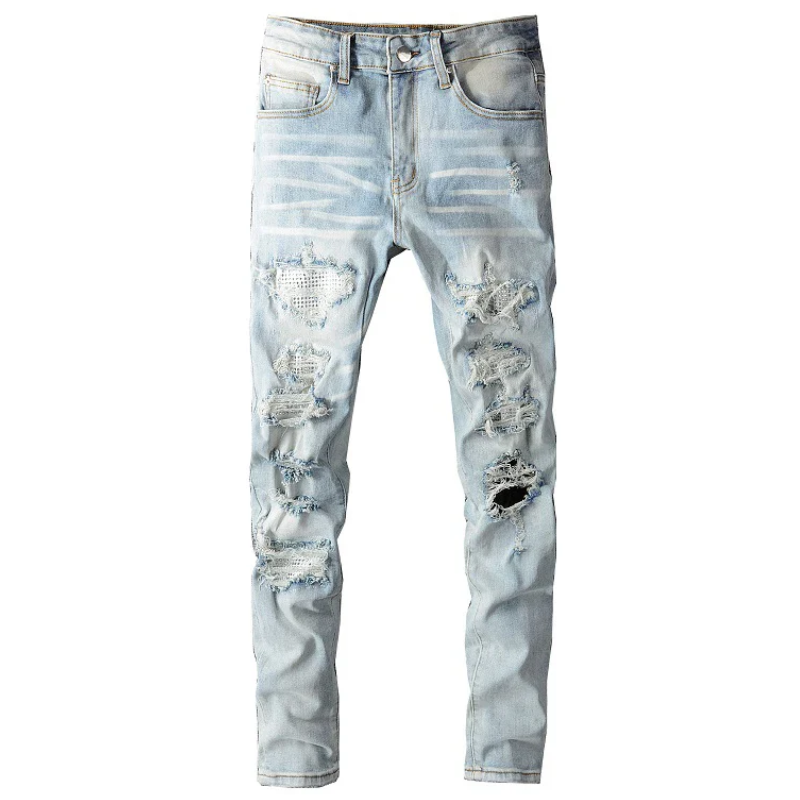 Light Blue Streetwear Denim Men’s Ripped Patchwork Skinny Jeans