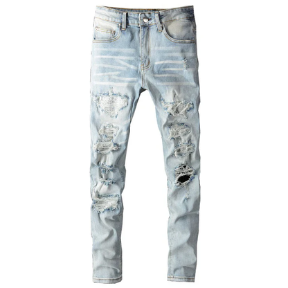 Light Blue Streetwear Denim Men’s Ripped Patchwork Skinny Jeans