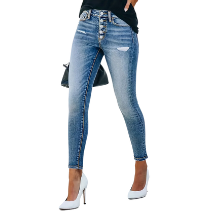 High Waist Bodycon Skinny Jeans with Button Detail