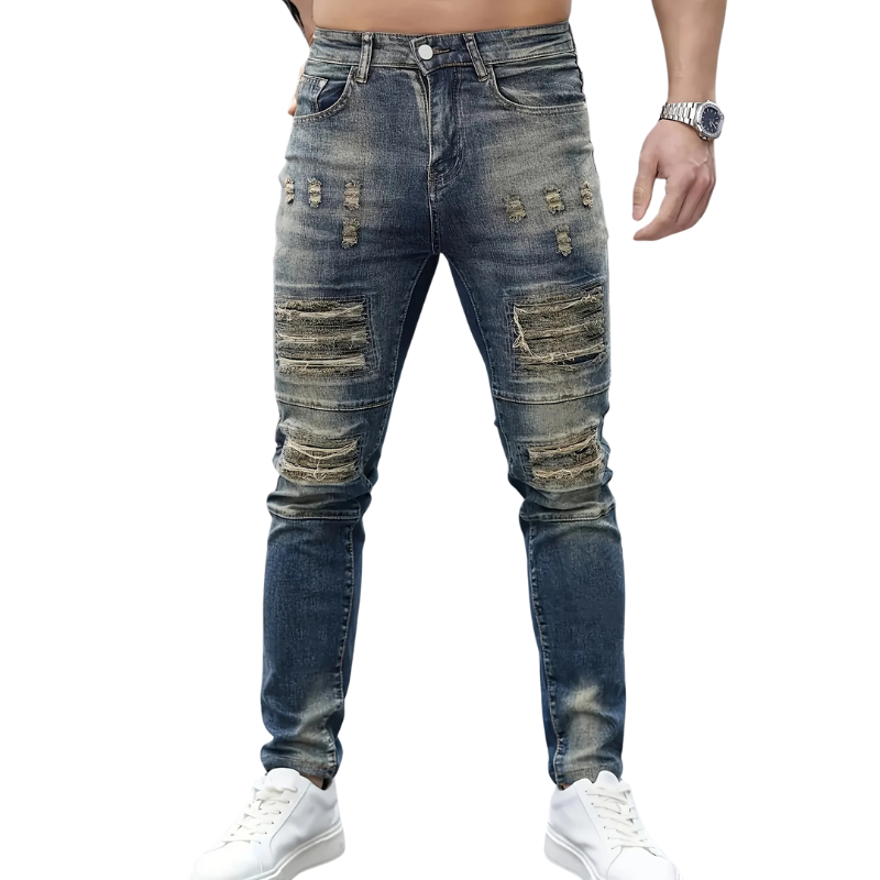 Dark Blue All-Season Denim Men's Slim Fit Ripped Stretch Jeans