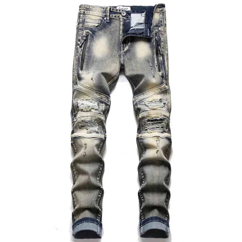Ripped European and American Distressed Trendy Patchwork Biker Jeans