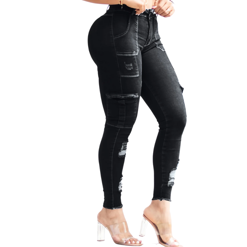 Sexy Blue High-Waist Skinny Jeans for Women with Pockets & Print