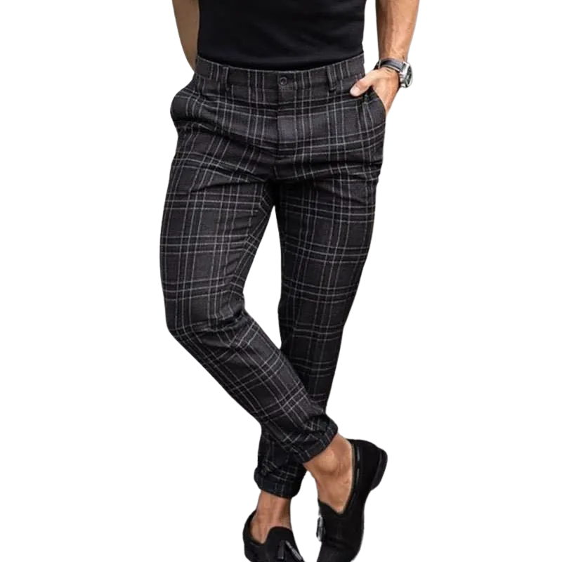Casual Mid Waist Mid Waist Men's Plaid Slim Fit Suit Pants
