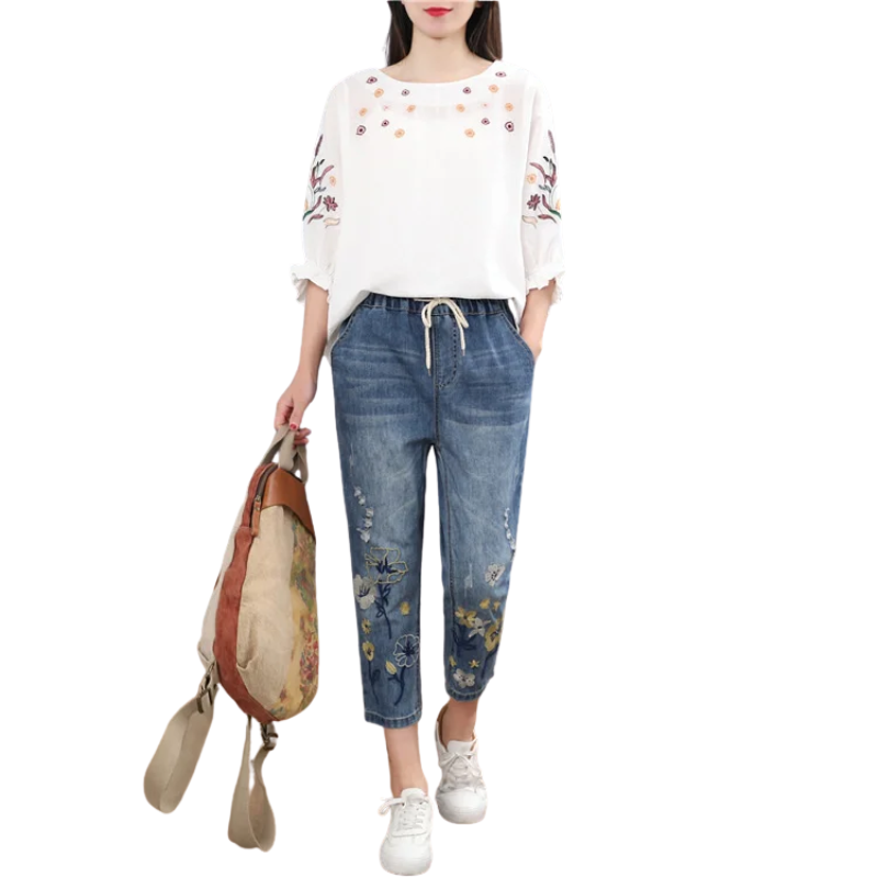 Summer Chic Vintage Floral Embroidered Ripped Harem Jeans for Women
