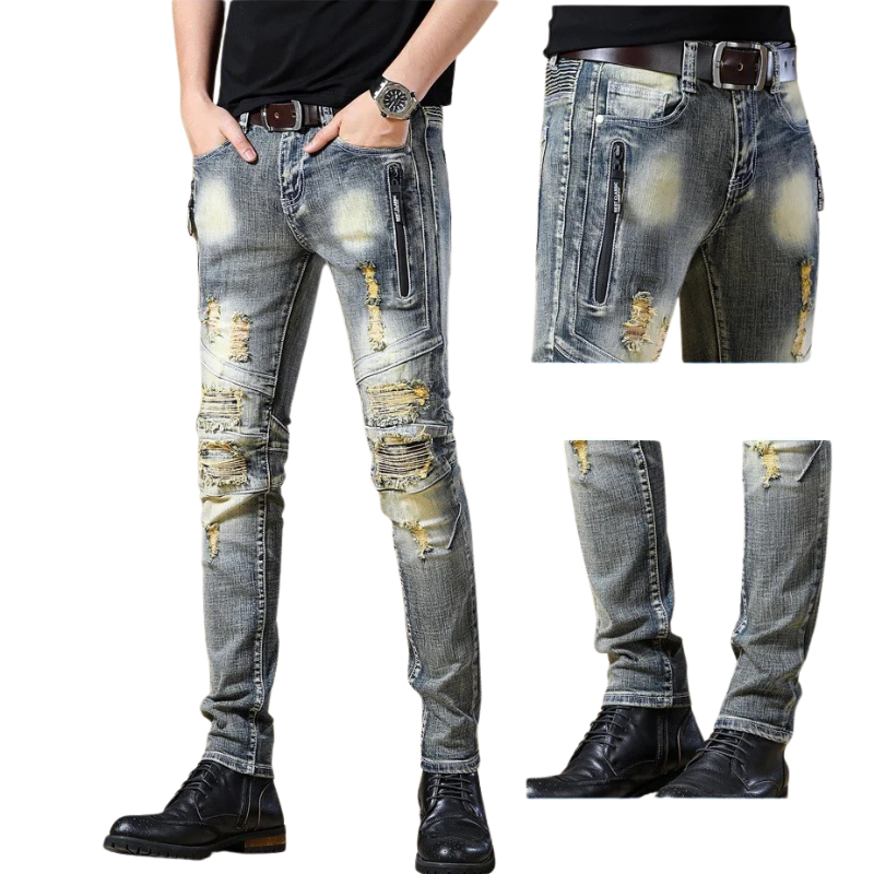 Ripped European and American Distressed Trendy Patchwork Biker Jeans