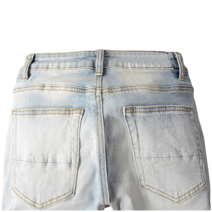 Light Blue Streetwear Denim Men’s Ripped Patchwork Skinny Jeans