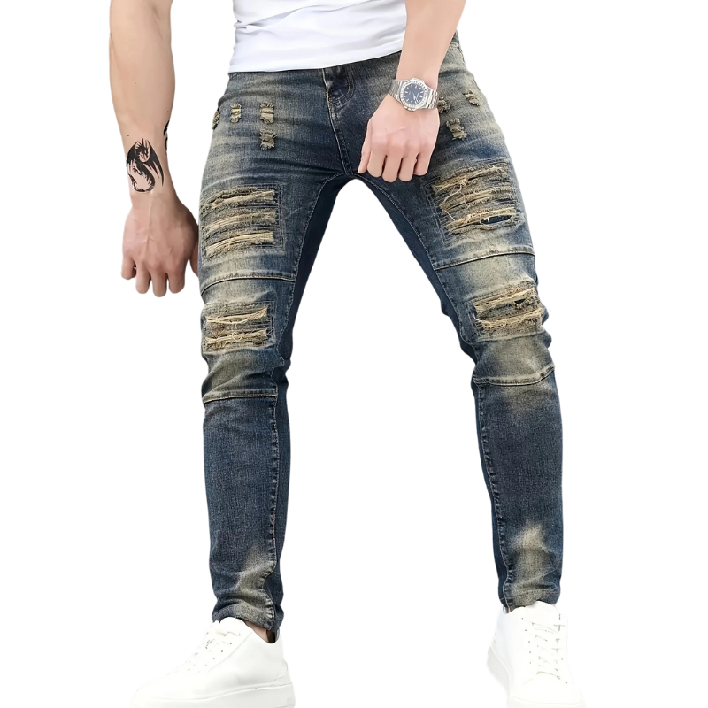 Dark Blue All-Season Denim Men's Slim Fit Ripped Stretch Jeans