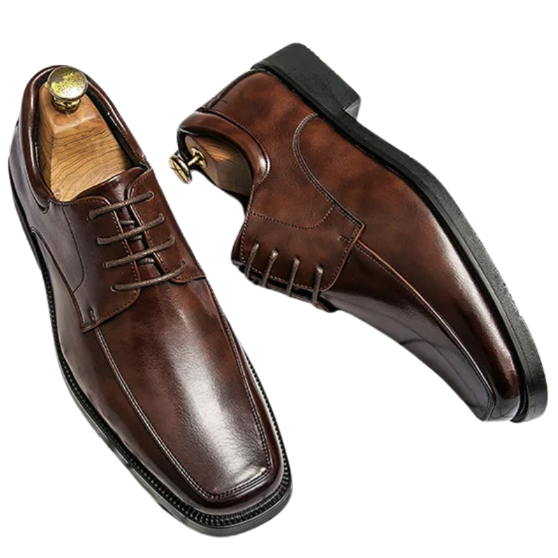 Brown leather dress shoes on a white background