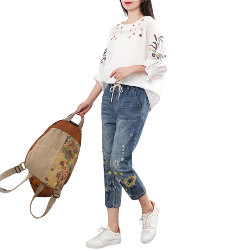Summer Chic Vintage Floral Embroidered Ripped Harem Jeans for Women