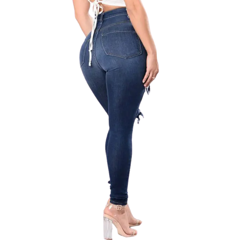 Dark Blue Denim Ripped High-Waist Skinny Jeans for Women
