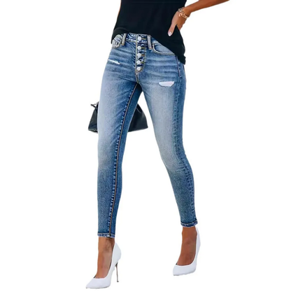 High Waist Bodycon Skinny Jeans with Button Detail