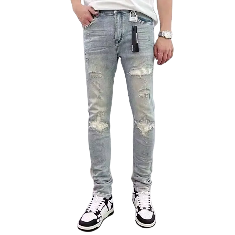 Men's Slim Fit Patchwork Ripped Stretch Jeans