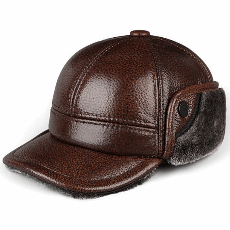 Genuine Leather Winter Bomber Hat with Warm Earmuffs