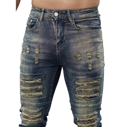 Dark Blue All-Season Denim Men's Slim Fit Ripped Stretch Jeans