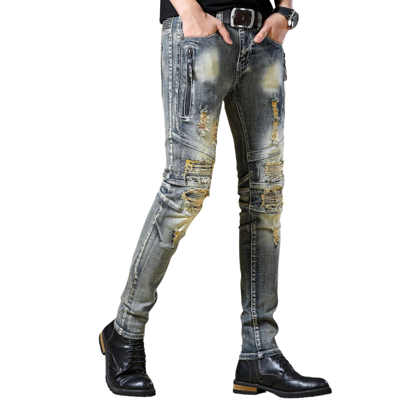 Ripped European and American Distressed Trendy Patchwork Biker Jeans