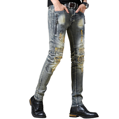 Ripped European and American Distressed Trendy Patchwork Biker Jeans