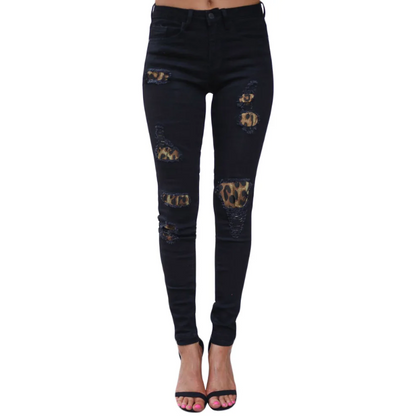 Stretch Denim Hipster Style Women’s Ripped Leopard Skinny Jeans