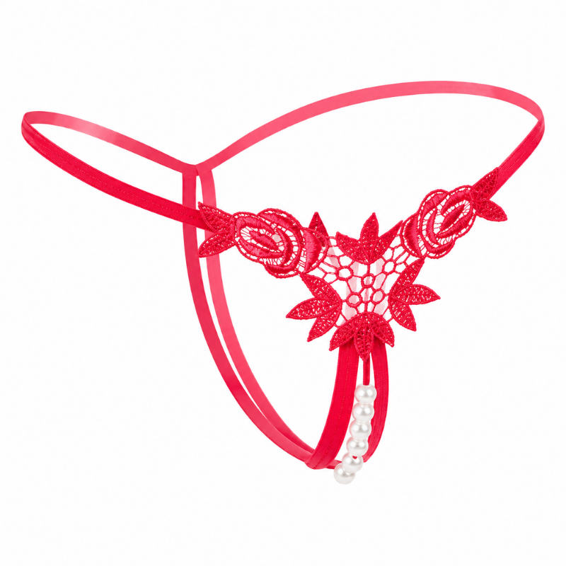 Red lace thong with a pearl bead detail 