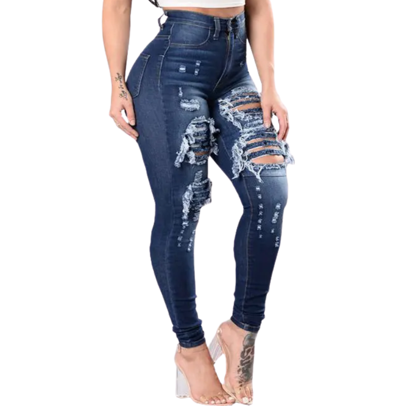 Dark Blue Denim Ripped High-Waist Skinny Jeans for Women