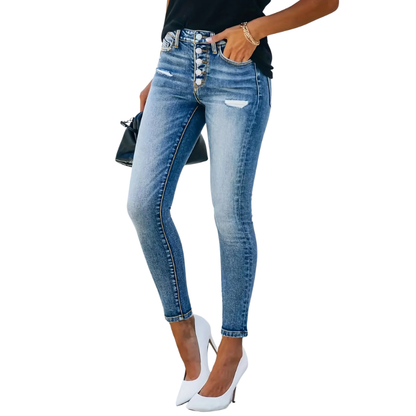 High Waist Bodycon Skinny Jeans with Button Detail
