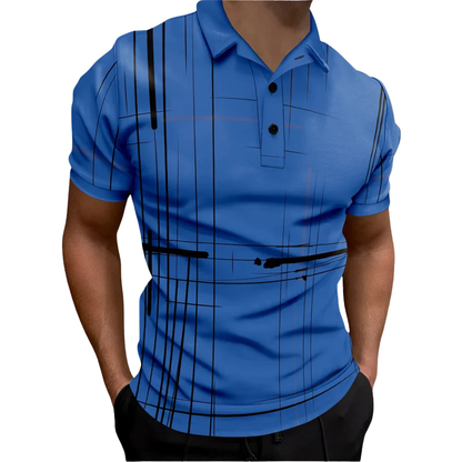 3D Striped Digital Print, Zipper Men’s Summer Short Sleeve Polo Shirt