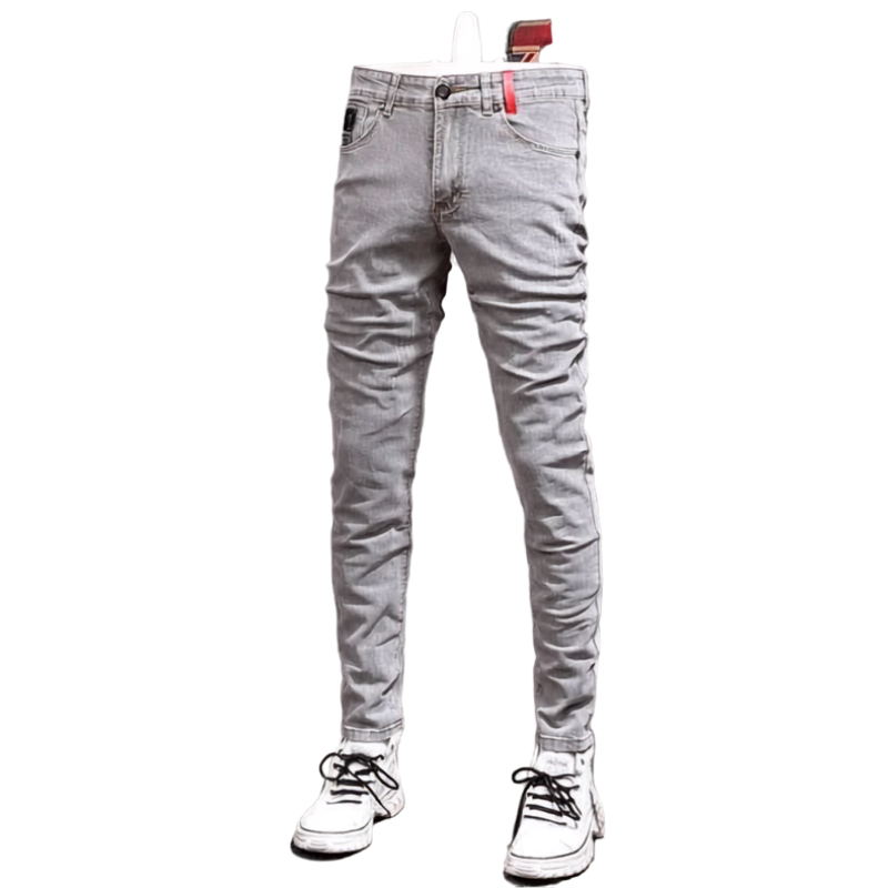 Men’s Retro Gray Stretch Slim-Fit Ripped Denim Jeans