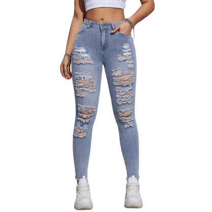 Stretch Denim Pencil Fit Women's High Waist Ripped Skinny Jeans