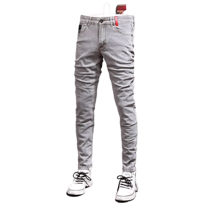 Men’s Retro Gray Stretch Slim-Fit Ripped Denim Jeans