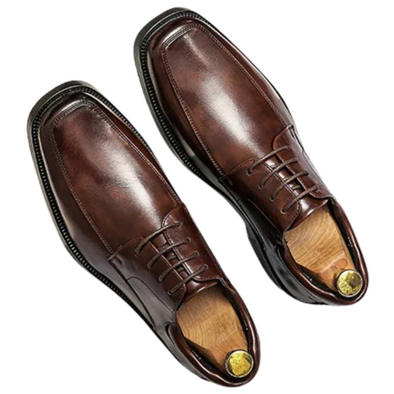 Pair of brown leather dress shoes on a white background