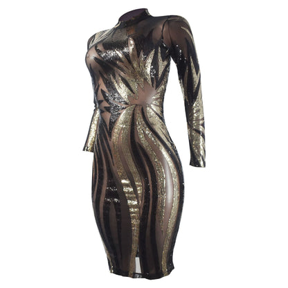 Women's Dress Printed Sequin Tight Long Sleeve Midi Dress