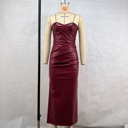 Pu Leather Sling Dress with Slit