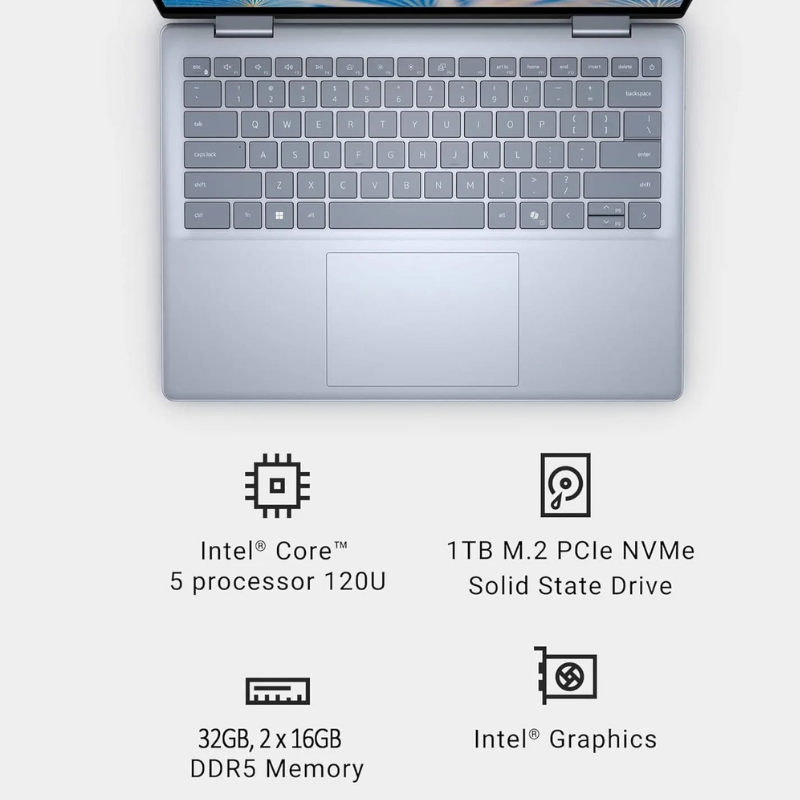 Dell Inspiron 14” 2-in-1, i5, Upto 40GB RAM, Upto 2TB SSD, Touch, Ice Blue