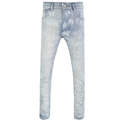 Light Blue, Stretch, Low Rise Men's Retro Graffiti Skinny Jeans