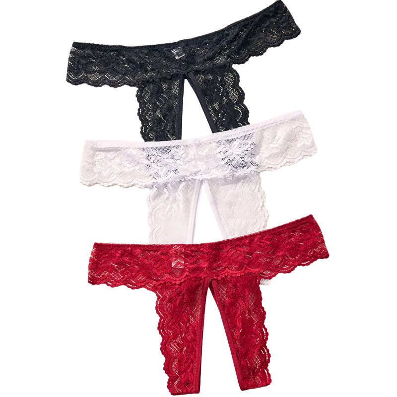 Sexy Lace Open Crotch Women’s Panties Solid Color Briefs