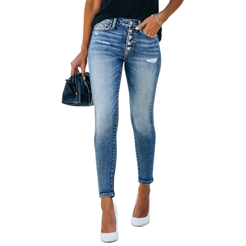 High Waist Bodycon Skinny Jeans with Button Detail
