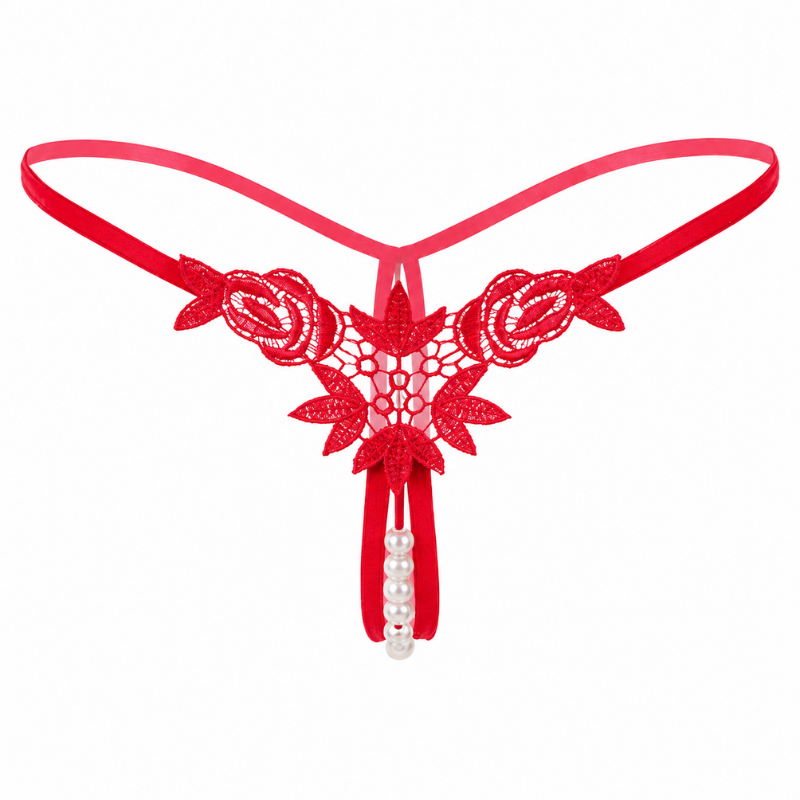 Red lace thong with a pearl bead hanging charm
