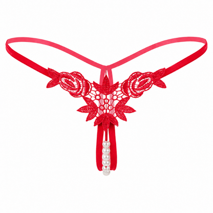 Red lace thong with a pearl bead hanging charm