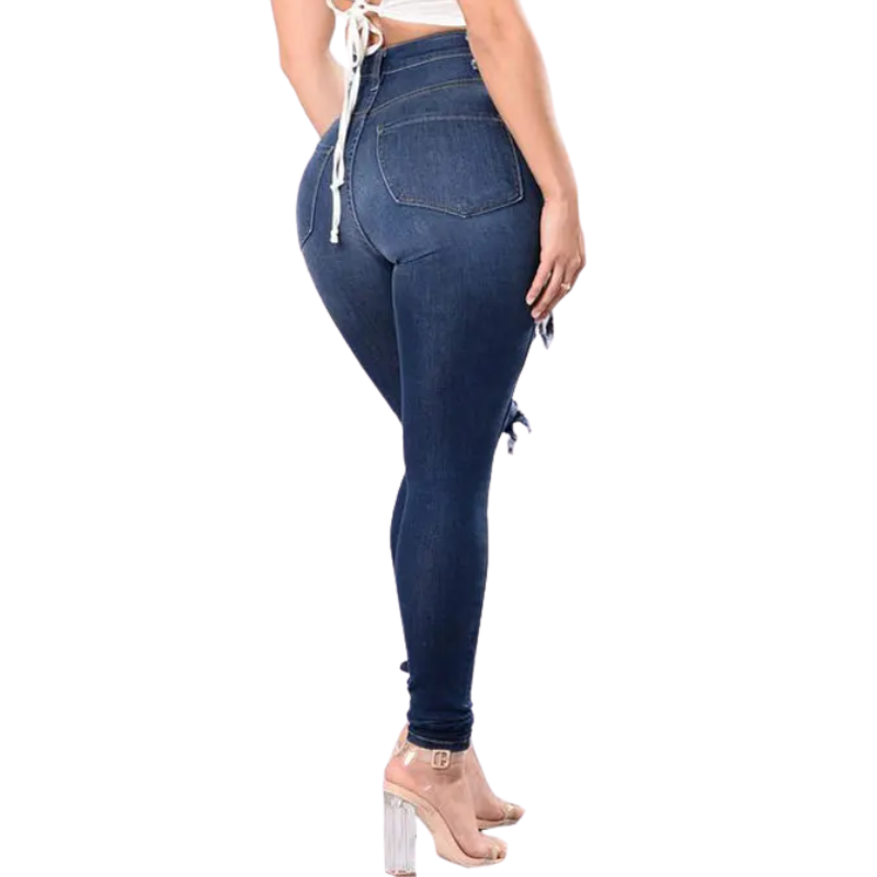 Dark Blue Denim Ripped High-Waist Skinny Jeans for Women