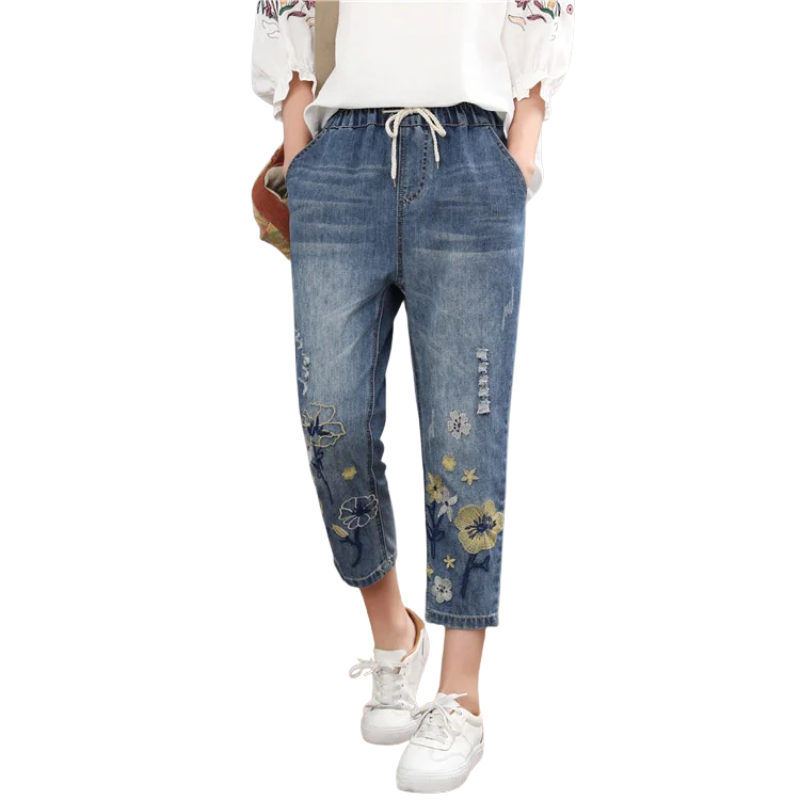 Summer Chic Vintage Floral Embroidered Ripped Harem Jeans for Women