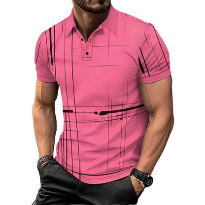 3D Striped Digital Print, Zipper Men’s Summer Short Sleeve Polo Shirt