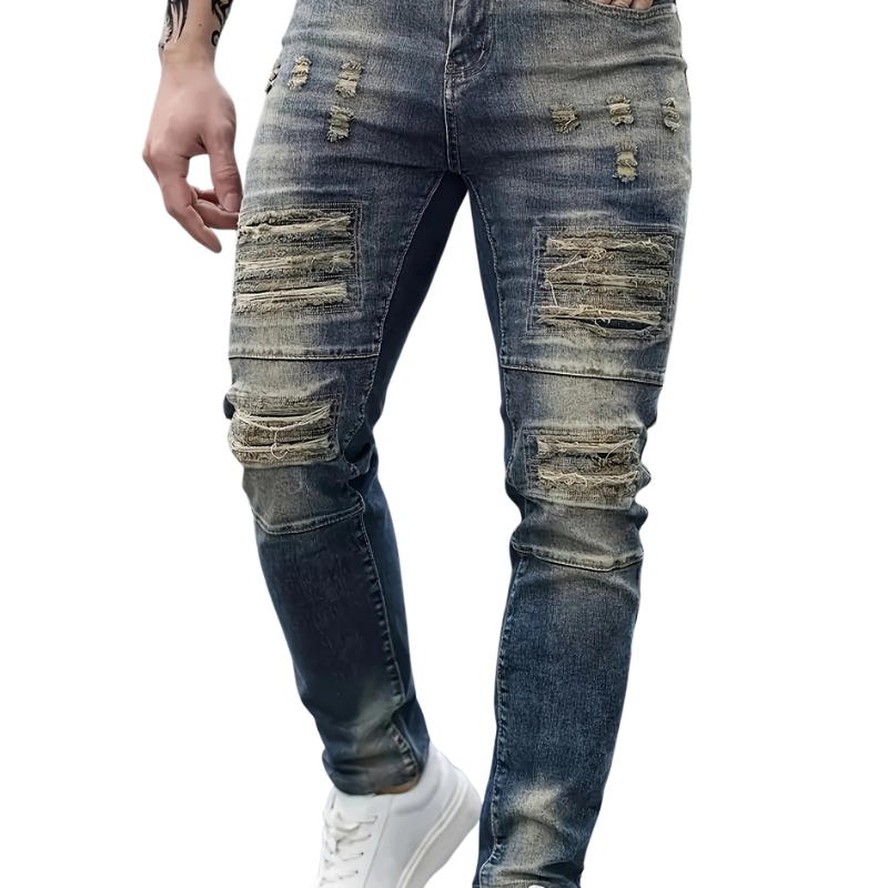 Dark Blue All-Season Denim Men's Slim Fit Ripped Stretch Jeans