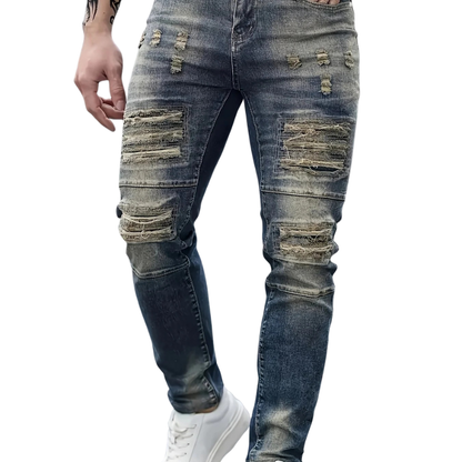 Dark Blue All-Season Denim Men's Slim Fit Ripped Stretch Jeans