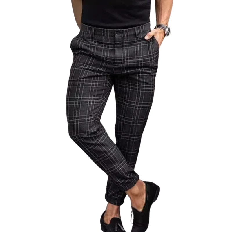 Casual Mid Waist Mid Waist Men's Plaid Slim Fit Suit Pants