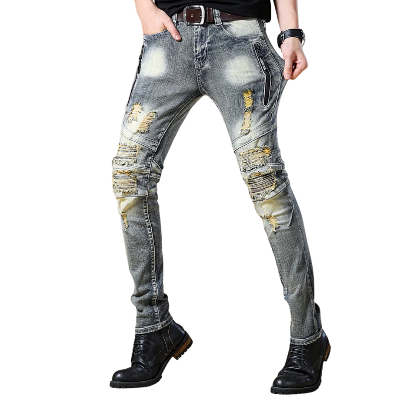Ripped European and American Distressed Trendy Patchwork Biker Jeans