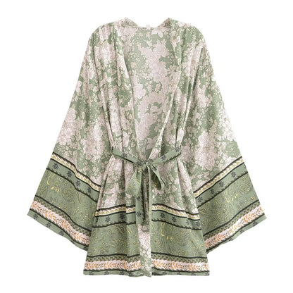 Women's Floral Print Short Kimono with Belt