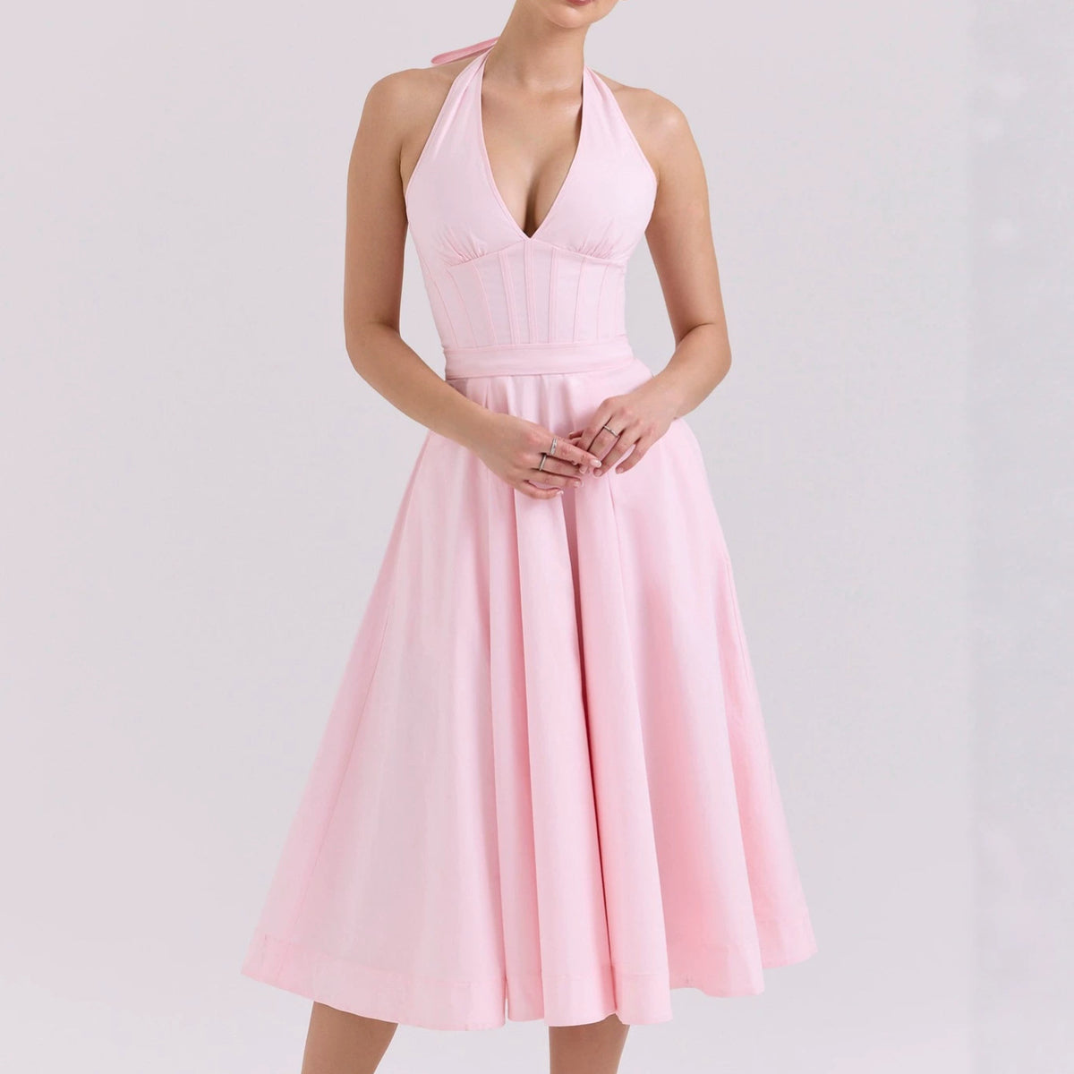 Halter Neck Backless Drawstring Tie Dress