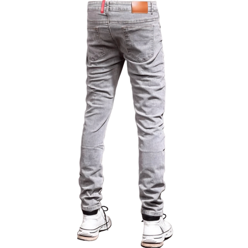 Men’s Retro Gray Stretch Slim-Fit Ripped Denim Jeans