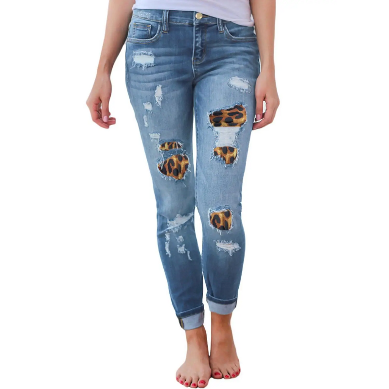 Stretch Denim Hipster Style Women’s Ripped Leopard Skinny Jeans